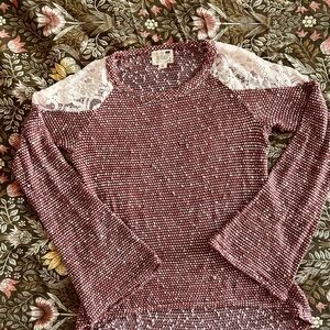 Burgundy red Knit Top with Lace Shoulders